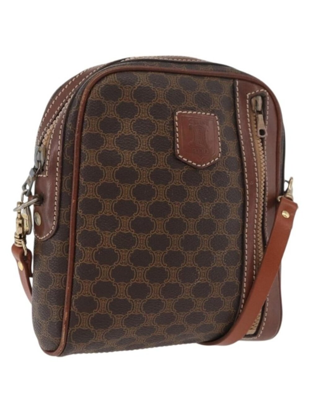 Authentic CELINE Macadam Canvas Shoulder Bag PVC Leather Brown Gold